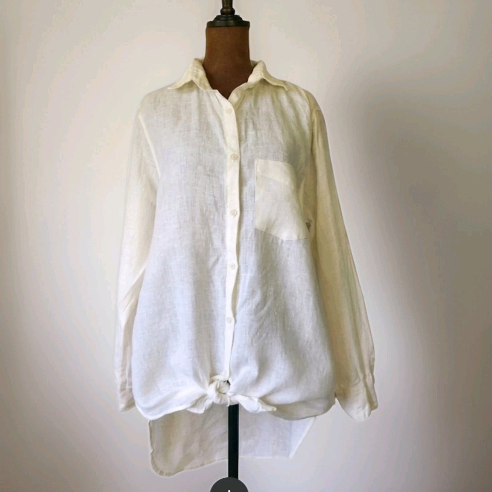 SHANI SHEMER Tunic Top Button Down Tie Front Linen Ivory Relaxed‎ M Minimalist